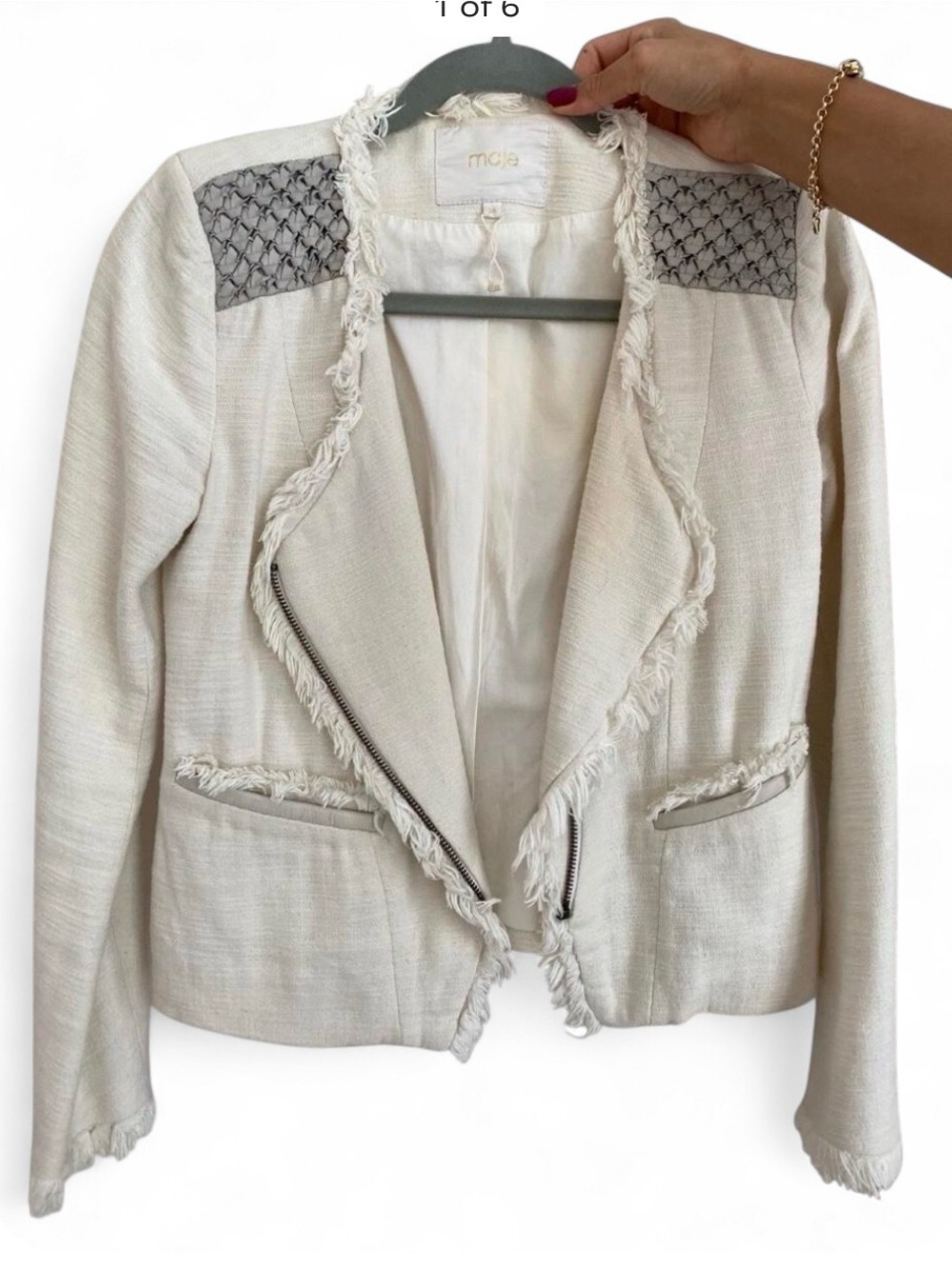 Maje Cream Fringe Tweed Blazer Jacket with Textured Shoulder Panels